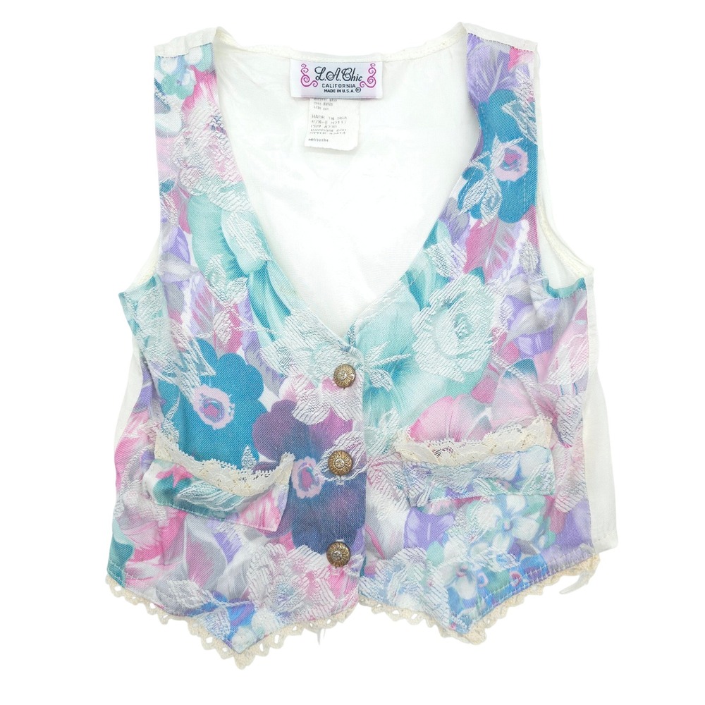 Vintage Girl's L.A. Chic Girls Floral Lace Trim Vest 90s Made in USA Size M